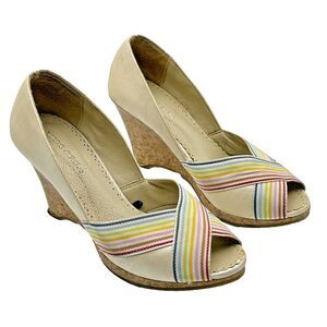 Wet Seal Wedge High Heels Open Peep Toe Cork Rainbow Crisscross Sandals 5.5‎